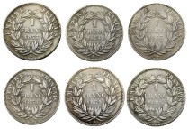 France 1 Franc Napoleon III 1853A-1863A 6pcs Silver Plated Copy Coins