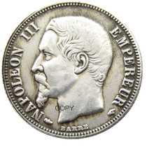 France 1 Franc 1863A Napoleon III Silver Plated Copy Coins France 1 Franc 1863A Napoleon III Silver Plated Copy Coins