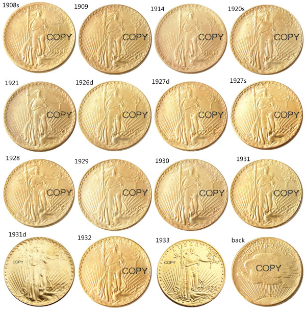 US A Set Of(1908-1933) 15pcs SAINT GAUDENS $20 GOLD DOLLAR Gold Plated Coin Copy