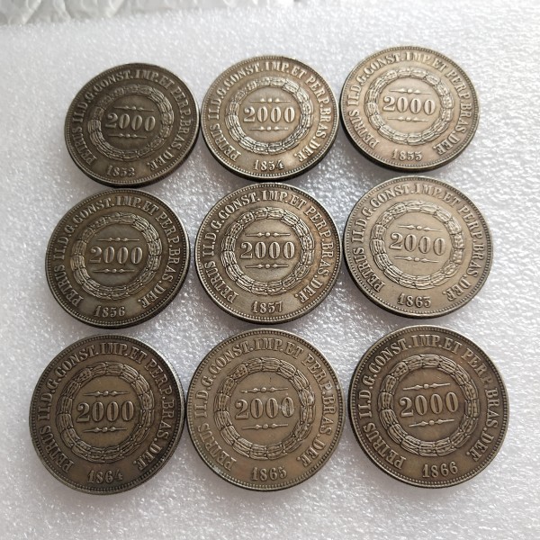 Brazil 1853-1866 9pcs/lot 2000 Ries Silver Plated Copy Coins (37mm)