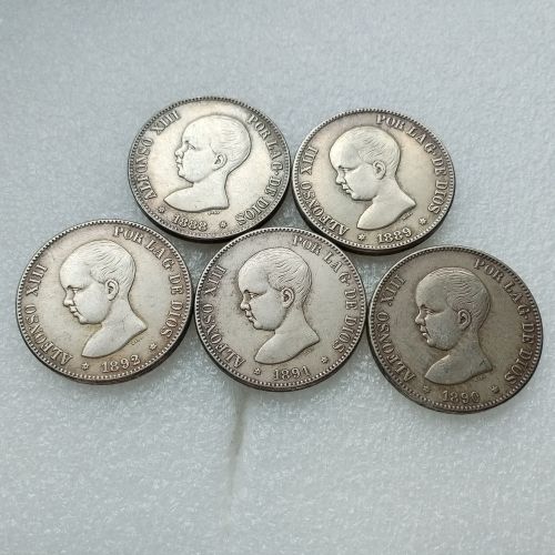 1888-1892 5pcs/lot Spain 5 Pesetas Silver Plated Copy Coins(37mm)