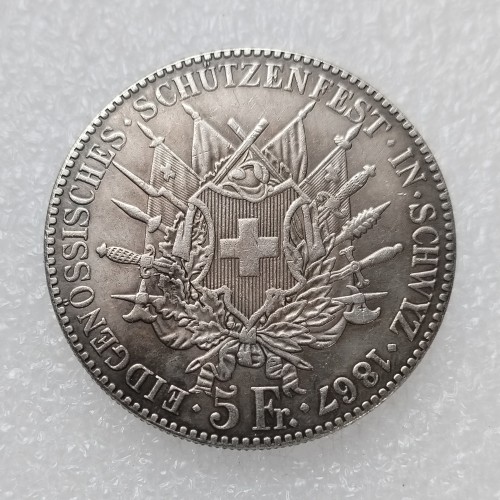 1867 Kantom Switzerland 5 Francs  Silver Plated Copy Coin 37mm