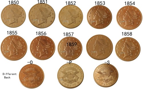 USA Liberty Head TWENTY DOLLARS 1850-1859  P/O/S 27PCS Mixed Date/Mint No Motto Gold Plated Copy Coin