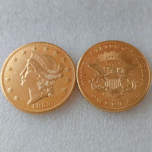 USA Liberty Head TWENTY DOLLARS 1853 P/O  No Motto Gold Plated Copy Coin
