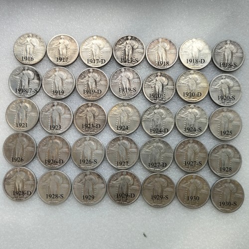 US A Set Of 1916-1930 PDS 35PCS Standing Liberty Quarter Dollar Silver Plated Copy Coin