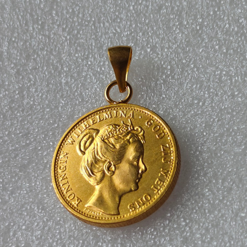 P(25)Coin Pendant Netherlands, 1898 Wilhelmina I, 10 Gulden, Gold Plated Copy Coin(22mm)