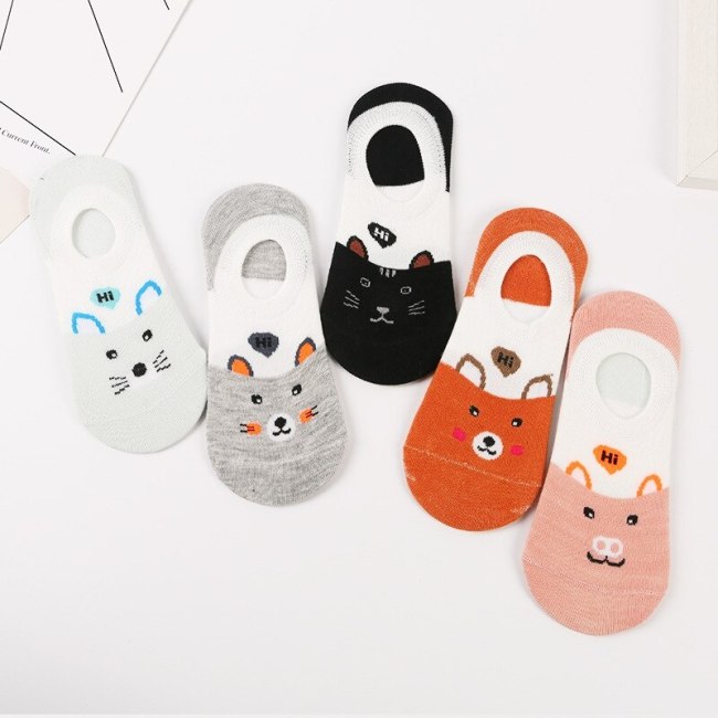 5 Pairs/lot Summer Cotton Ankle Socks For Korea Women's Cartoon Animal Cat Panda Pig Short Socks Female Sokken Slippers Meias
