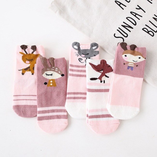 5 Pairs Kids Autumn Winter Socks Fashion Cotton Cartoon Animal Print Socks Soft Lovely Cute Socks for Girls Toddler Boys Socks