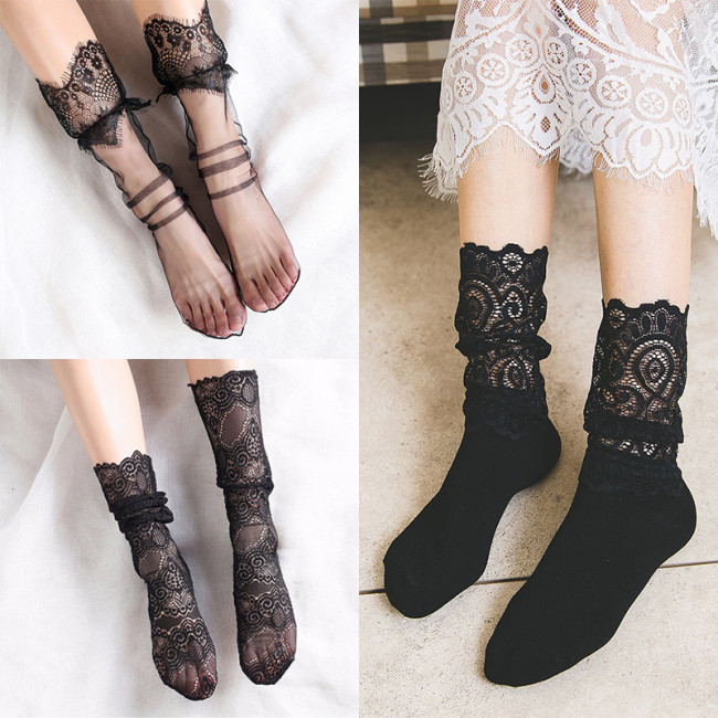 Sale Sexy Retro Lace Floral Mesh Women Girl Socks Elastic  Summer Fashion Lady Transparent Short Socks