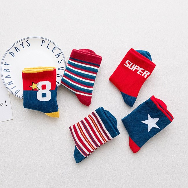 5 Pair/Lot Kids Soft Cotton Socks Boy Girl Baby Cute Cartoon Warm Stripe Smiley Fashion Sport Socks Autumn Winter Children Gift