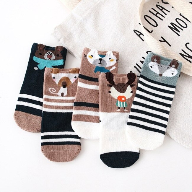 5 Pairs Kids Autumn Winter Socks Fashion Cotton Cartoon Animal Print Socks Soft Lovely Cute Socks for Girls Toddler Boys Socks