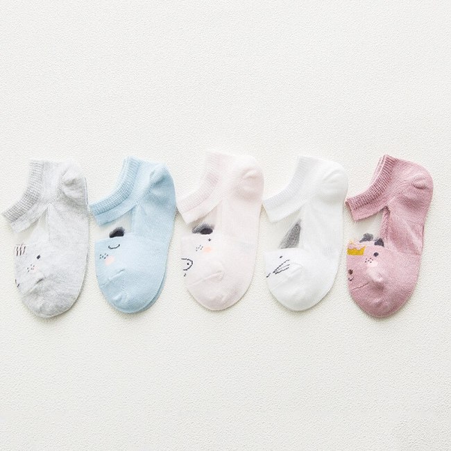 5 Pairs/lot 1 to 7 Yrs Spring Summer Thin Girls Sock Kids Cotton Mesh Boat Sock Lovely Animal Breathable Toddler Boys Ankle Sock