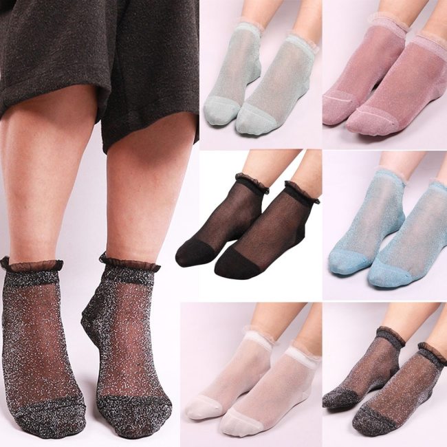 Lace boat socks Casual Socks Women Summer Sheer Silky Glitter Transparent Long Ankle Socks Elegant Of Fresh Women Summer Socks