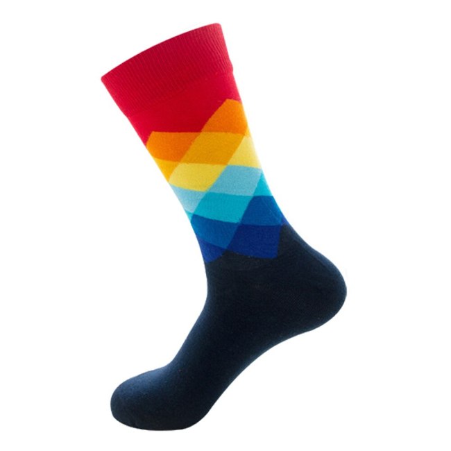 Mens Happy Striped Socks Quality Plaid Diamond Sock Men Combed Cotton Calcetines Largos Hombre