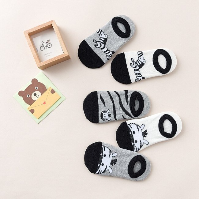 WARMOM 5 Pair Children Short Socks Cartoon Zebra Pattern Soft Cotton Kids Socks Printed Knitting Socks Maternal Infant Supply