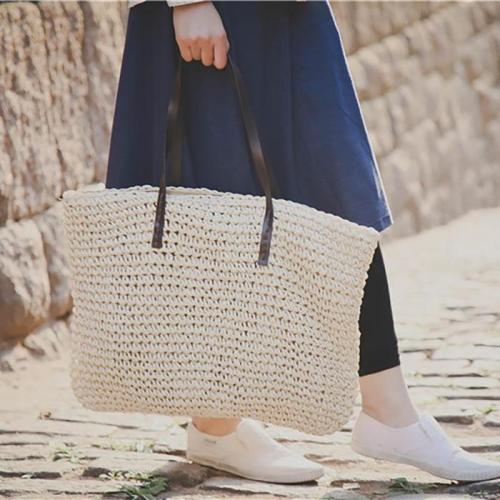 Women Handmade Straw Casual Zipper Shoulder Bags