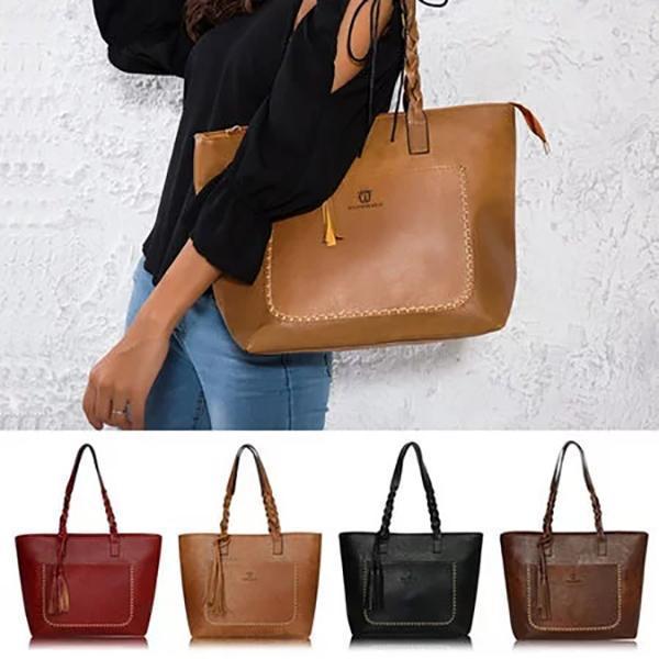 Large Capacity Vintage Shoulder Tote Bag Tassel Leather Handbag