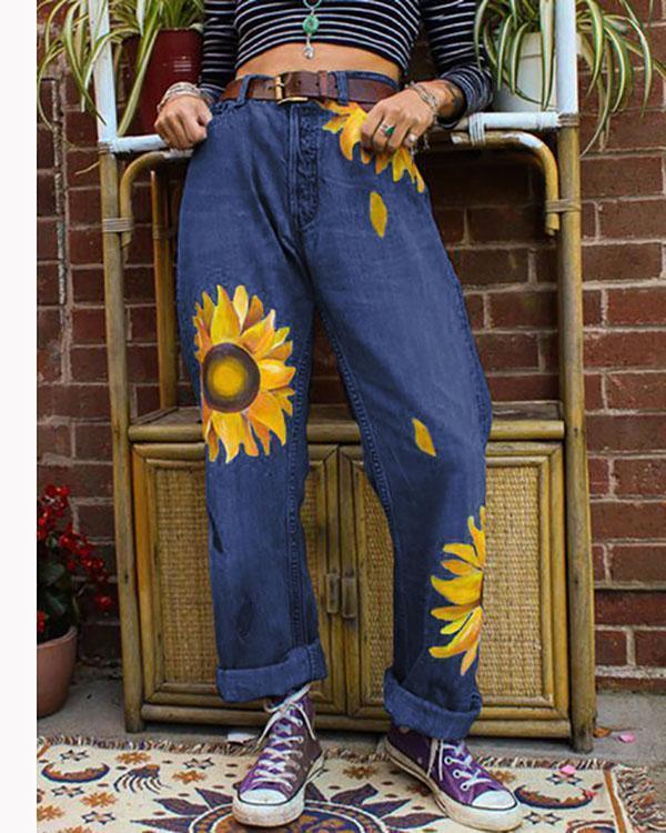 Women's Casual Print Washed Sun Flower Loose Jeans