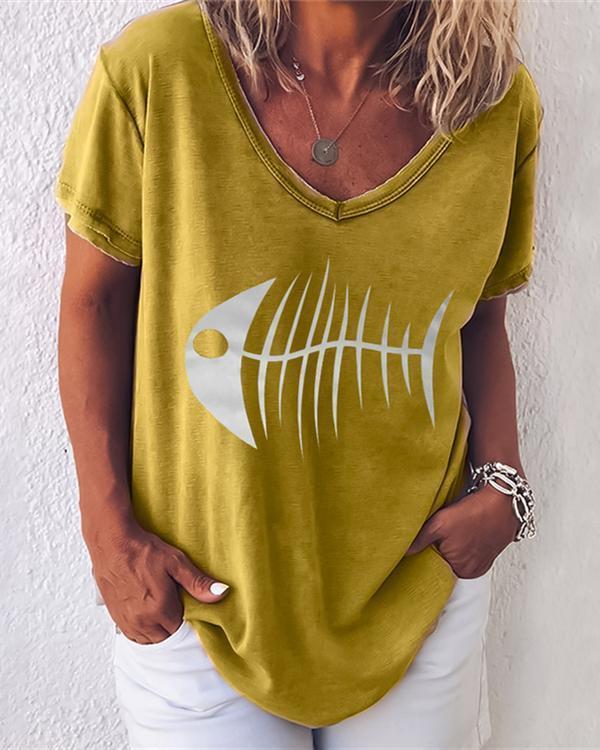 Fish Printed Short Sleeve V Neck Shirts Tops