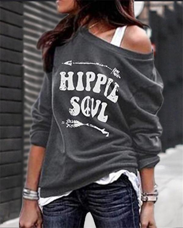 One Shoulde Printed Fall Loose  Daily Pullover Tops