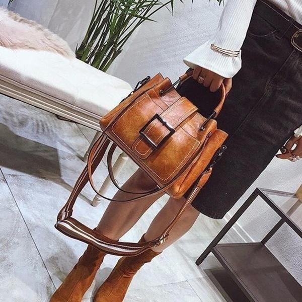 Large Capacity Retro Buckle Bucket Shoulder Bag Tote Bag