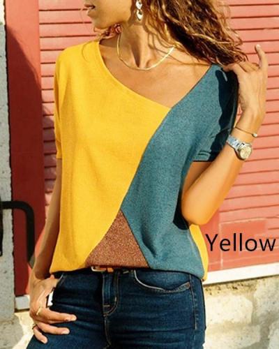 Women Casual Short Sleeve Patchwork V Neck T-Shirts Tops