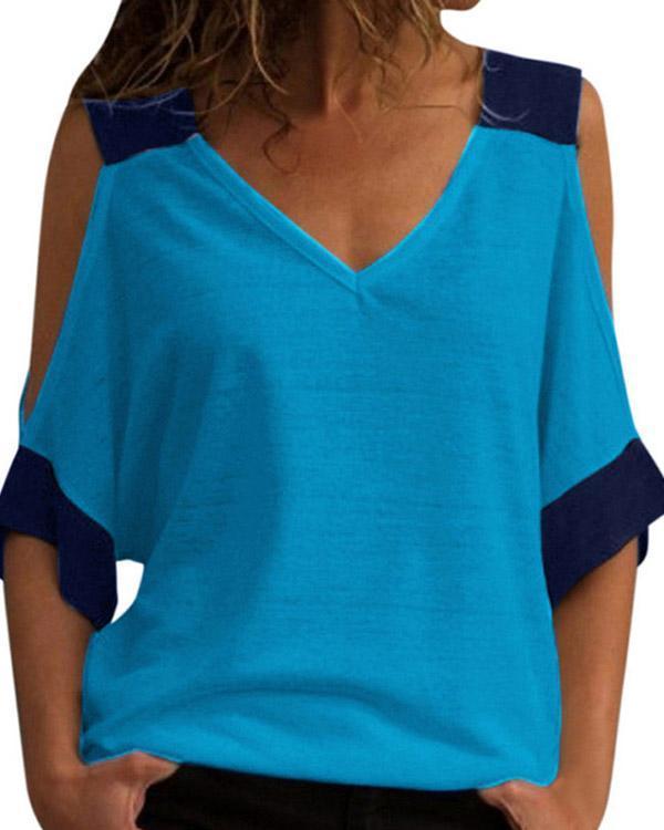 Casual Stitching Color Off Shoulder V-neck T-Shirt