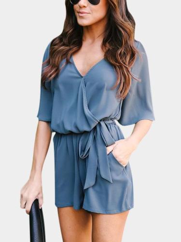 Crossed Front Design V-neck 3/4 Length Flared Sleeves High-waisted Playsuit Jumpsuit