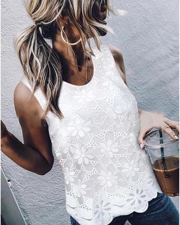 Casual Hollowed-out Round Neck Sleeveless Blouse Top