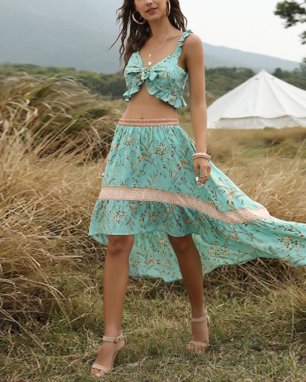 Boho Print Navel Lace Irregular Vacation Suit