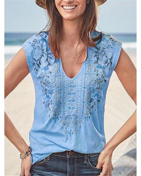 Bohemian Sleeveless V Neck Casual Blouses Tops