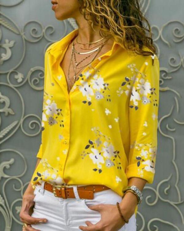 Fashion V-Neck Long Sleeve Casual Floral Printed Shirts Blouses