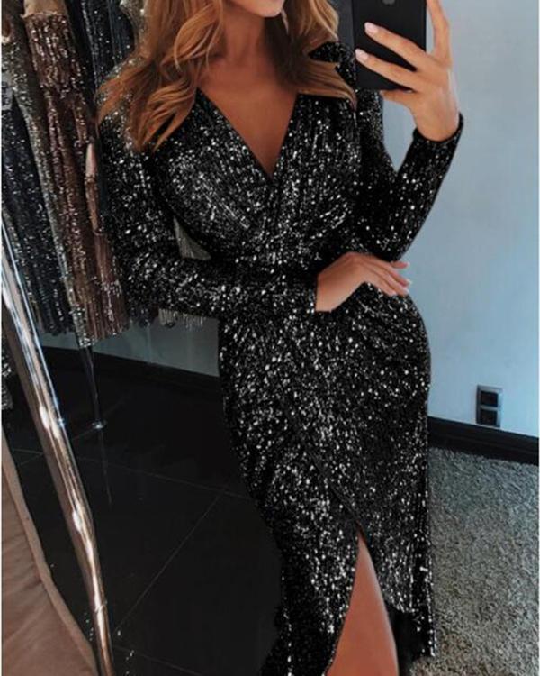 Women Sequined Long Sleeve V-Neck Plus Size Party Dress