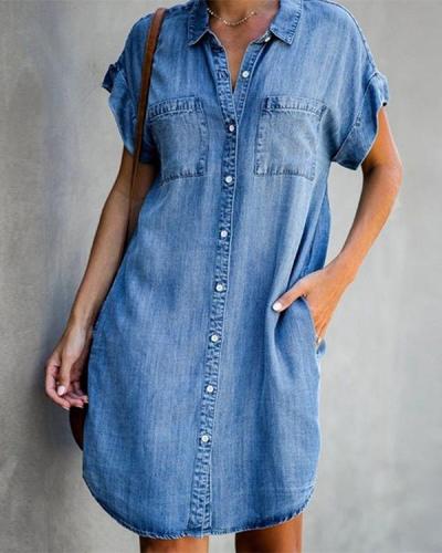 Blue Shirt Collar Plain Short Sleeve Denim Dresses