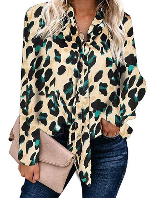 Casual Tie-Neck Long Sleeve Printed Blouses