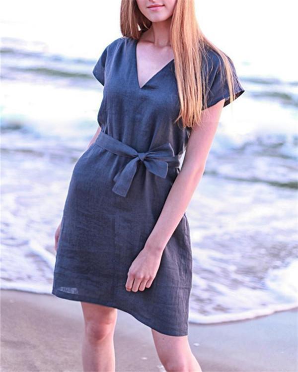 Short Sleeve Women  V Neck Chic Mini Dress