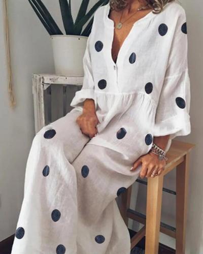 Casual V Neck Long Sleeve Pleated Polka Dot Splicing Dress