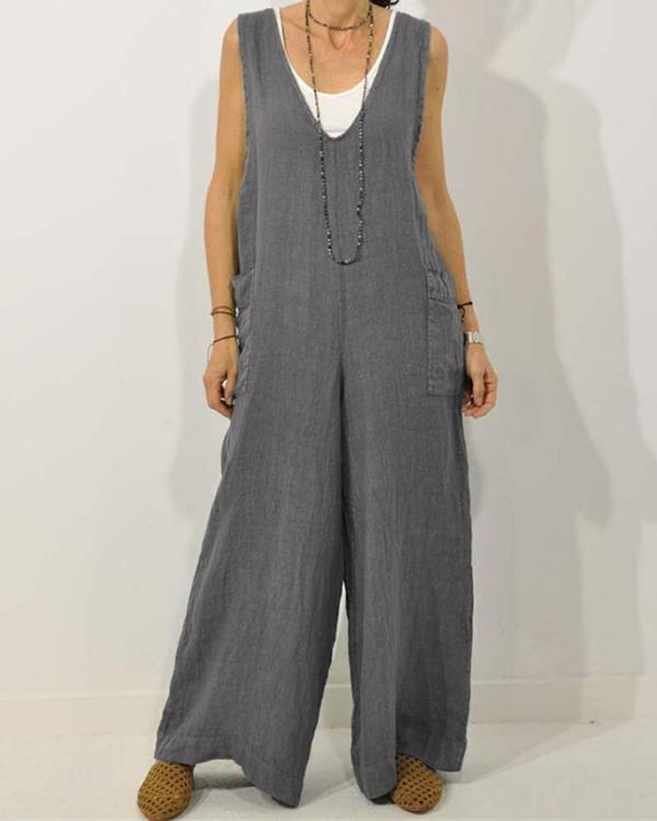 Women Casual Cotton V Neck Sleeveless Solid Jumpsuit
