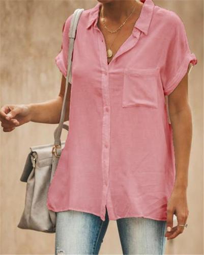 Stand Collar Short Sleeve Solid Color Women Casual Tops