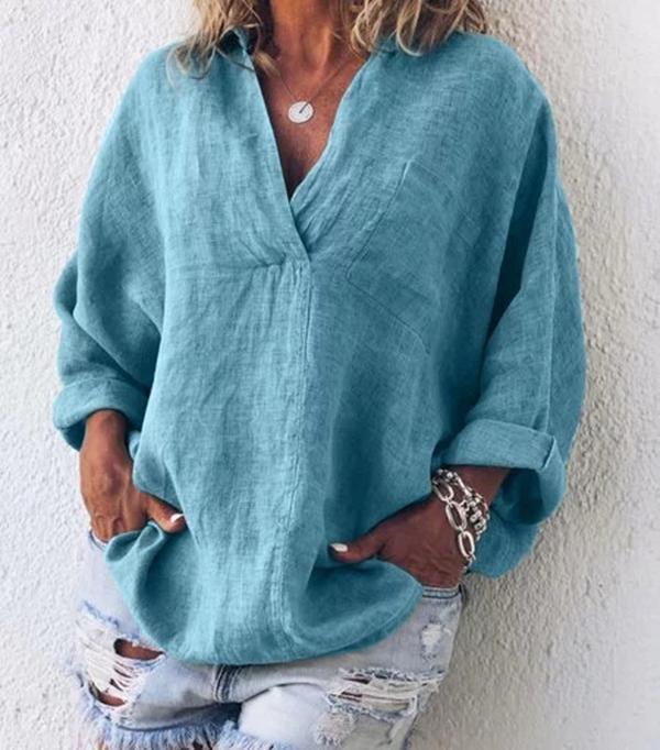 Solid Long Sleeve V Neck Plus Size Blouses Tops