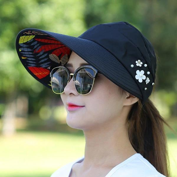 Women Summer Outdoor Gardening Anti-UV Foldable Beach Sunscreen Sun Hat Flower Print Cap