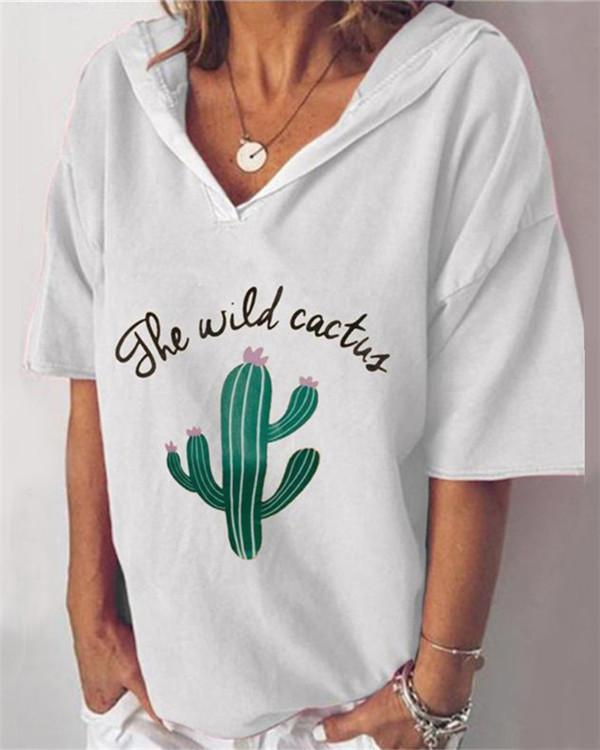 Cactus Printed V Neck Casual Short Sleeve Blouse