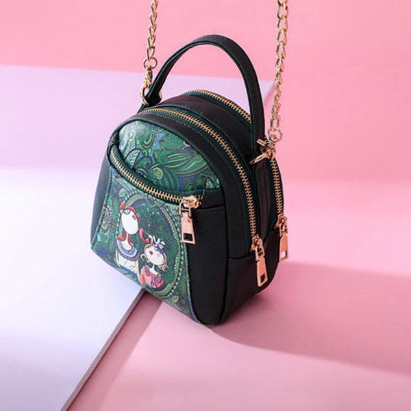 Chain Forest Print Crossbody Bag Double Zipper Handbag