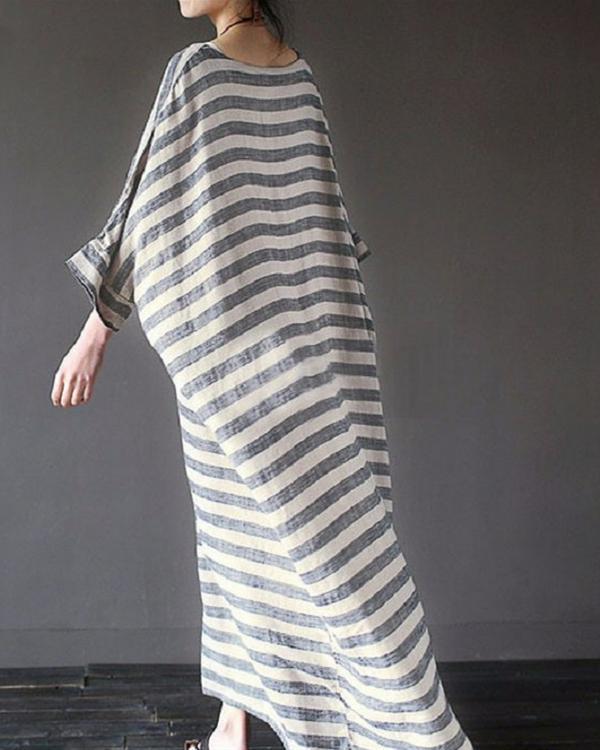 Women Casual Striped Linen Crew Neck Plus Size Dress