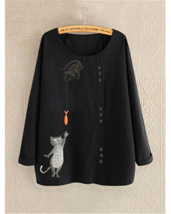 Round Neck Long Sleeve Cartoon Printed Blouses Tops