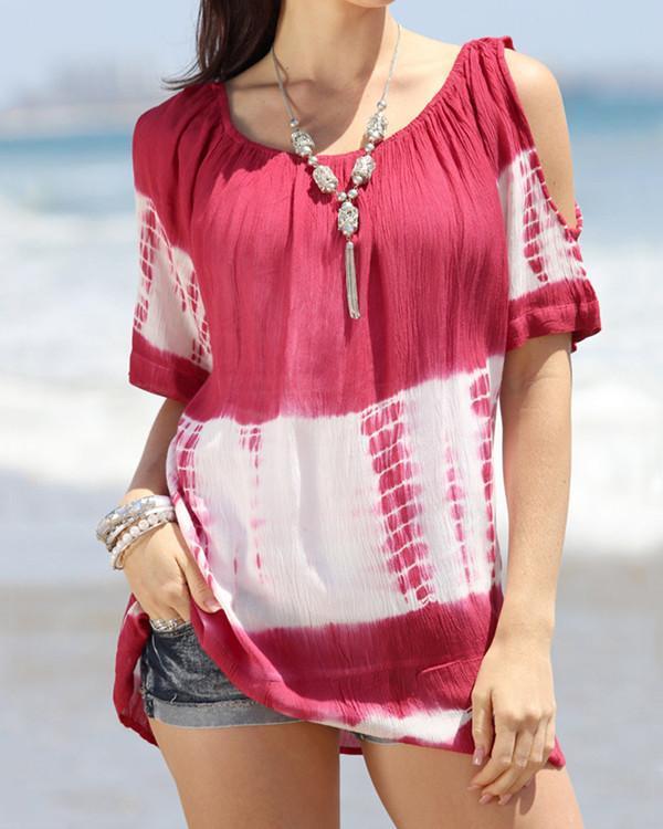 Casual Round Neck Off Shoulder Print Short Sleeve T-shirts