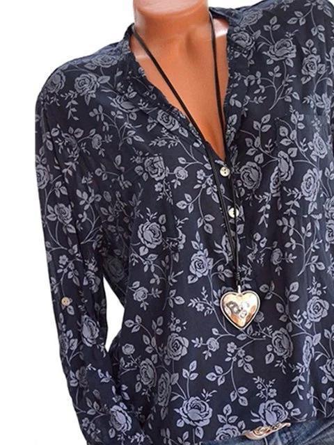Women Casual V Neck Floral Printed Long Sleeve Shirts & Blouses