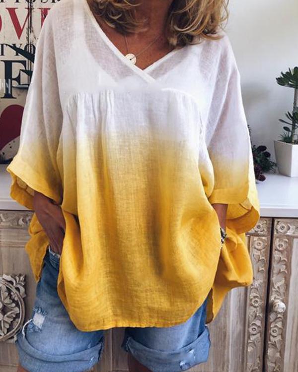 Casual Gradient Color Print V-Neck Loose Half Sleeve Blouse