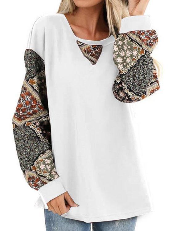 Dark Olive Patched Floral Quilt Print Blouses Long Sleeve Top