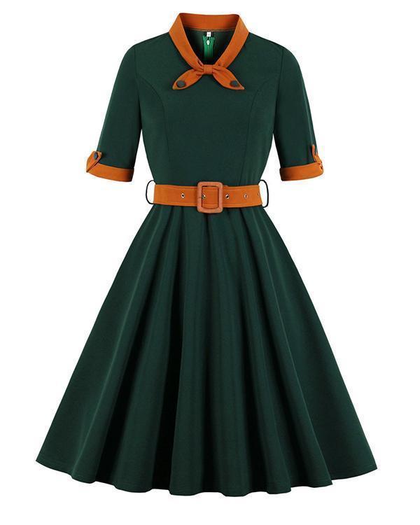 Retro O-neck Half Sleeve Swing Dress With Belt